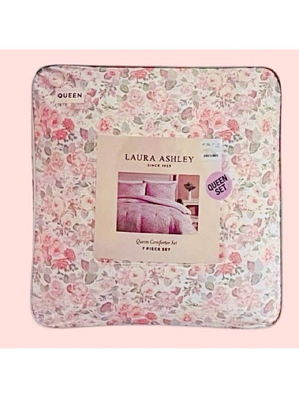 🆕-Laura Ashley Charming 7pc Queen Comforter Set in Pink Floral. Beautiful